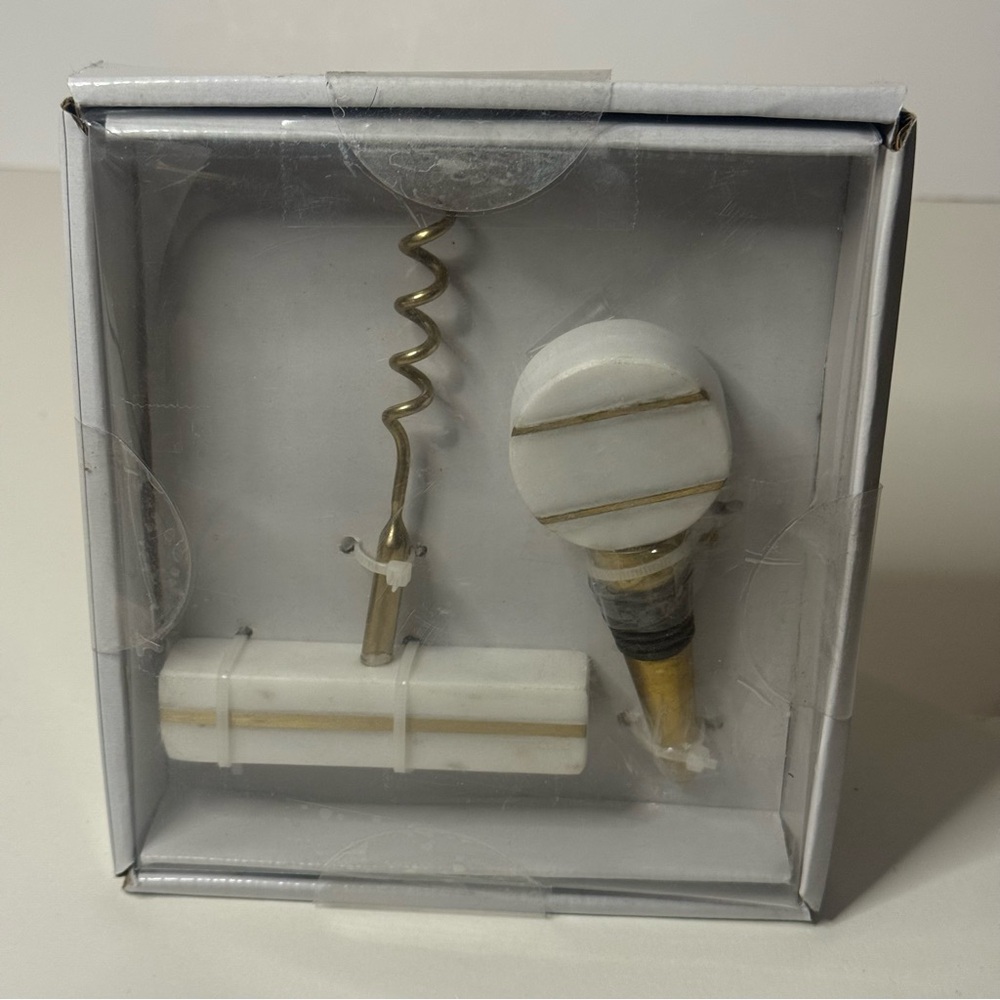 Wendy Bellissimo 2PC White/Gold Marble Bar Set Bottle Stopper & Corkscrew NEW